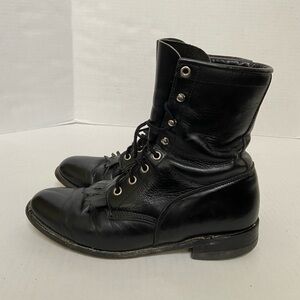 Justin Leather Boots Black Granny Womens Fold Over Cuff Ankle Combat Sz 8B